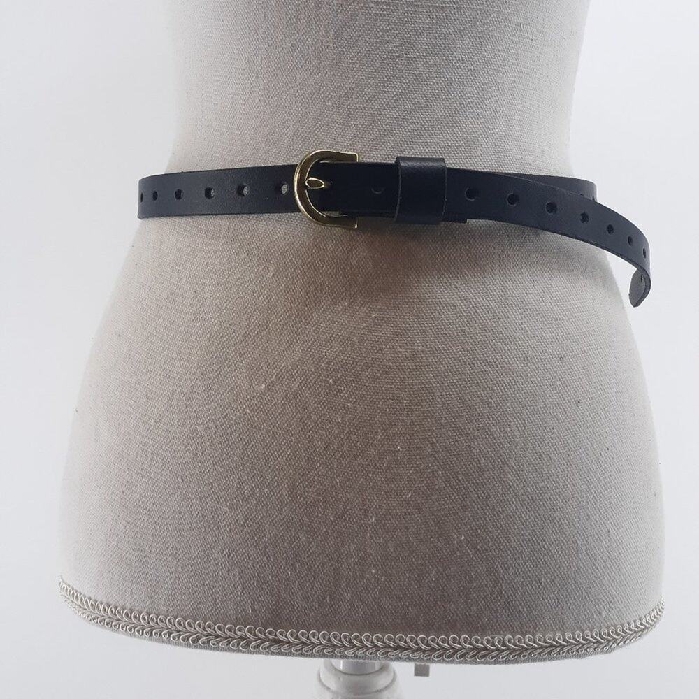 Women Fashion Skinny Dress Belt Black Gold Tone Brass Buckle
